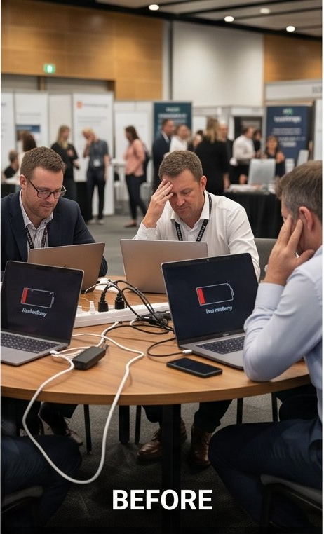 Before — dead devices and cable chaos at conference tables